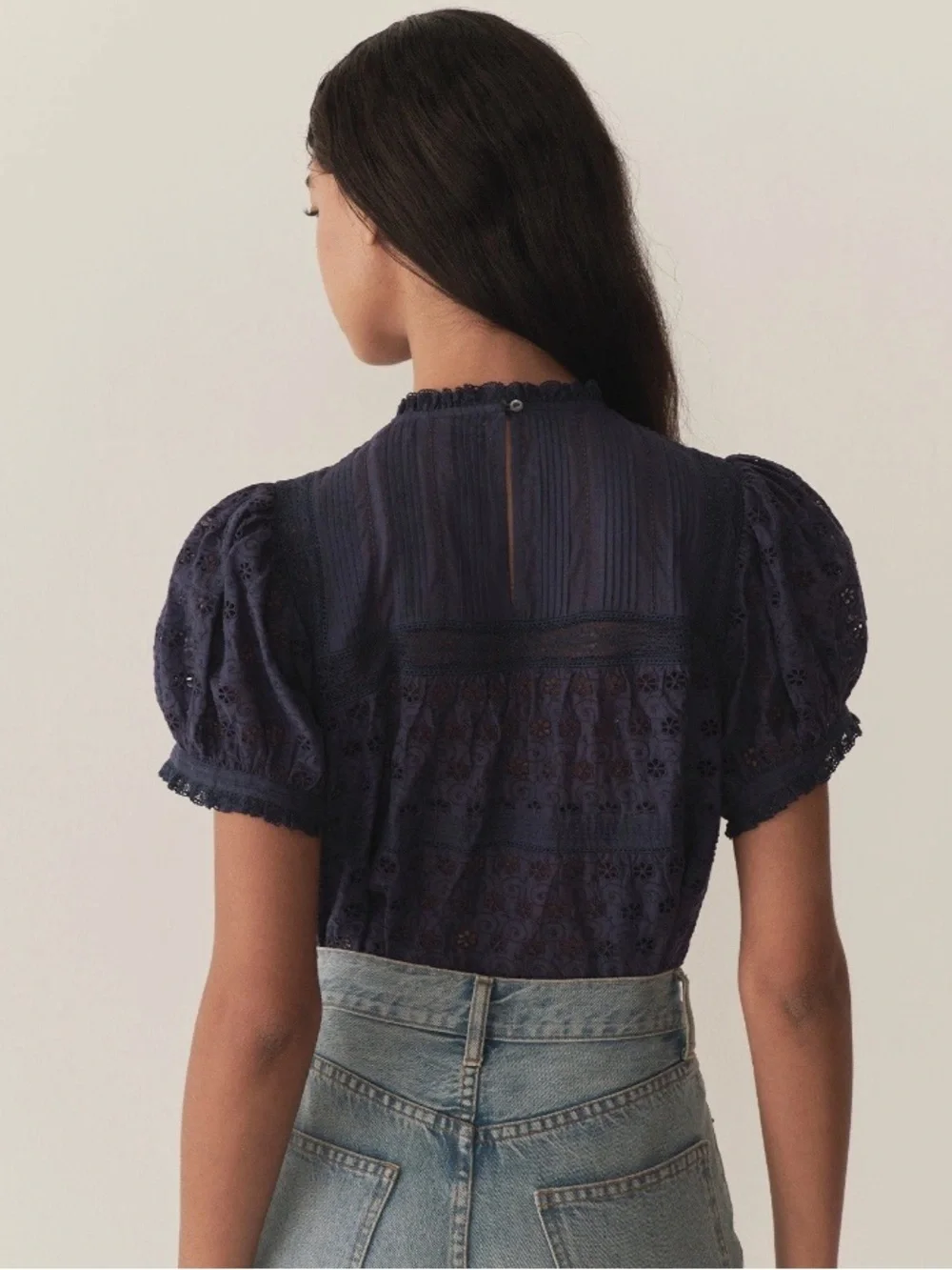 Doen Adeline Eyelet Cotton Short Puff Sleeve Babydoll Top Adriatic Navy Blue